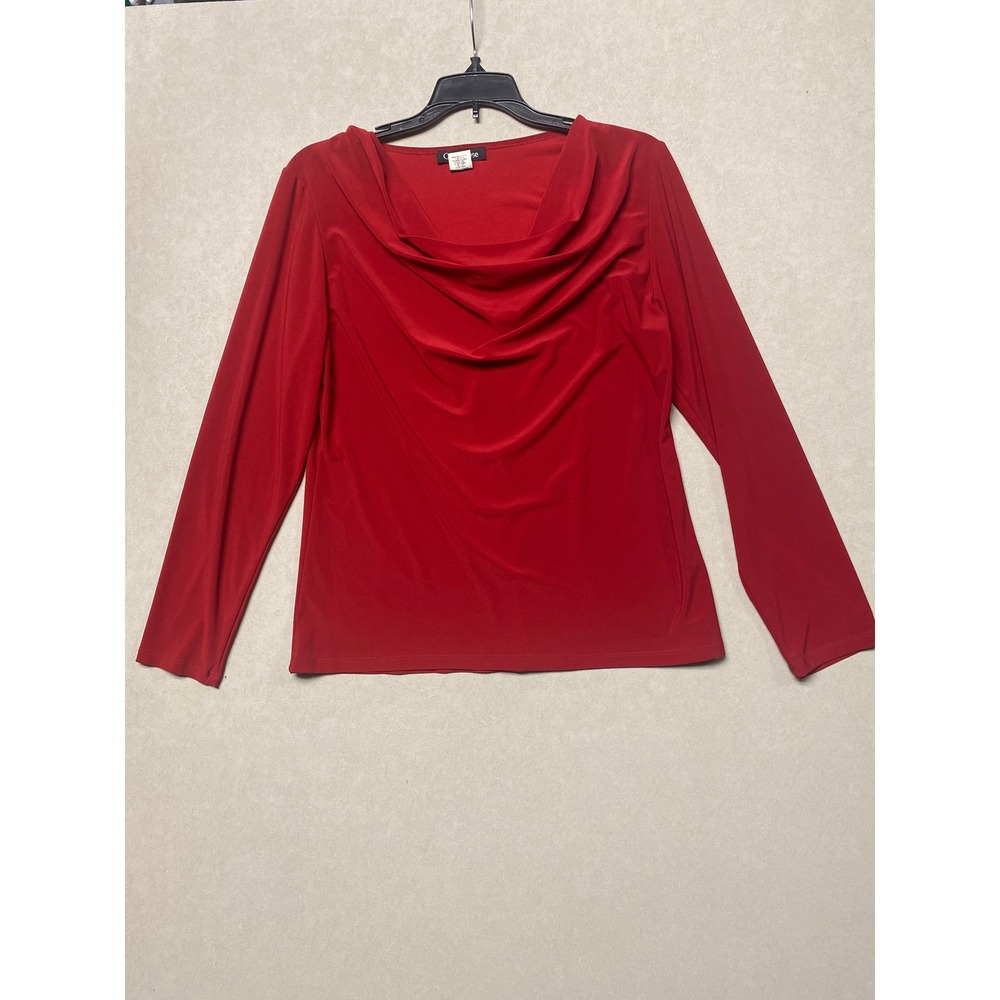 Carol Rose Women Medium Red Cowl Neck Long Sleeve Draped Blouse Made in USA